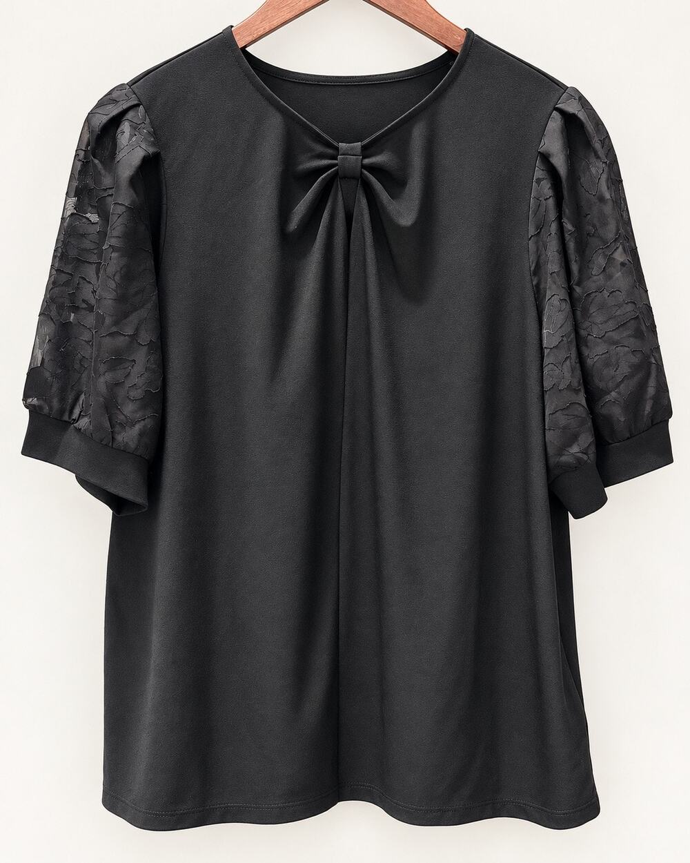 Cable & Gauge Womens XL Black Bow Blouse Floral Sheer Puff Sleeve Dressy Top